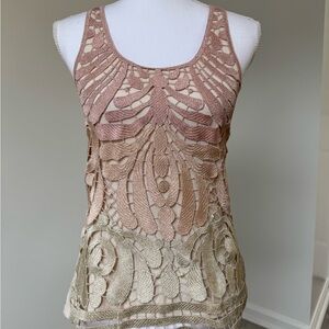 Express XS Embroidered Sheer‎ Tank Top Metallic Lace Art Deco Nude Lined